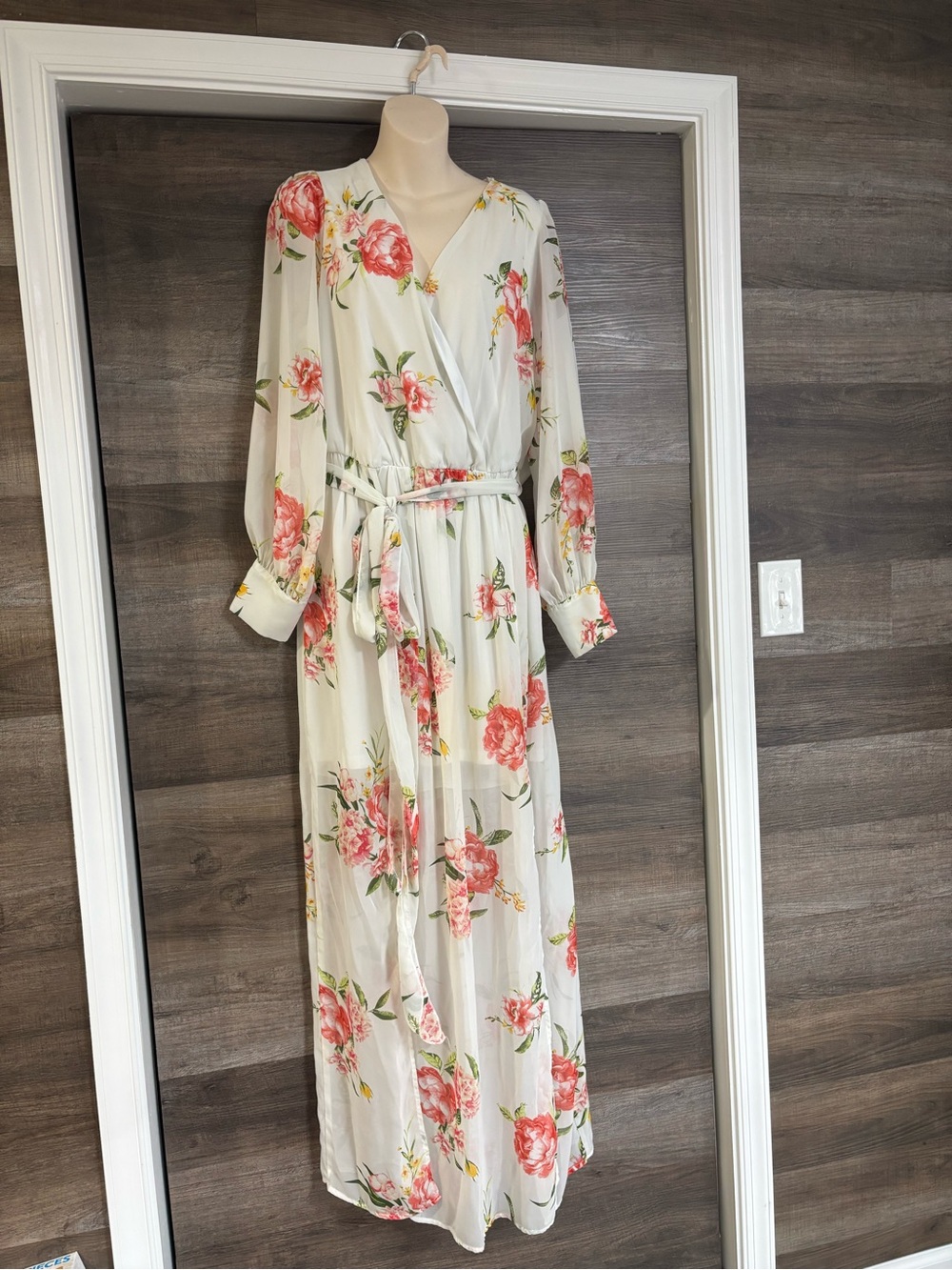Cream Floral Wrap Maxi Dress with Pink Blooms